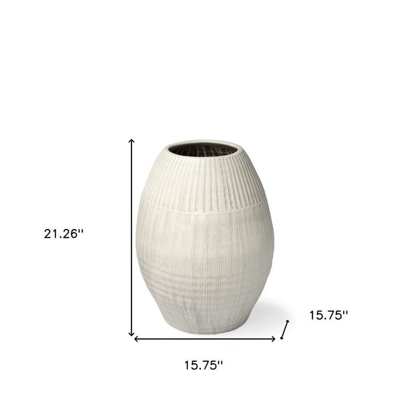21" White Striped Ceramic Cylinder Floor Vase