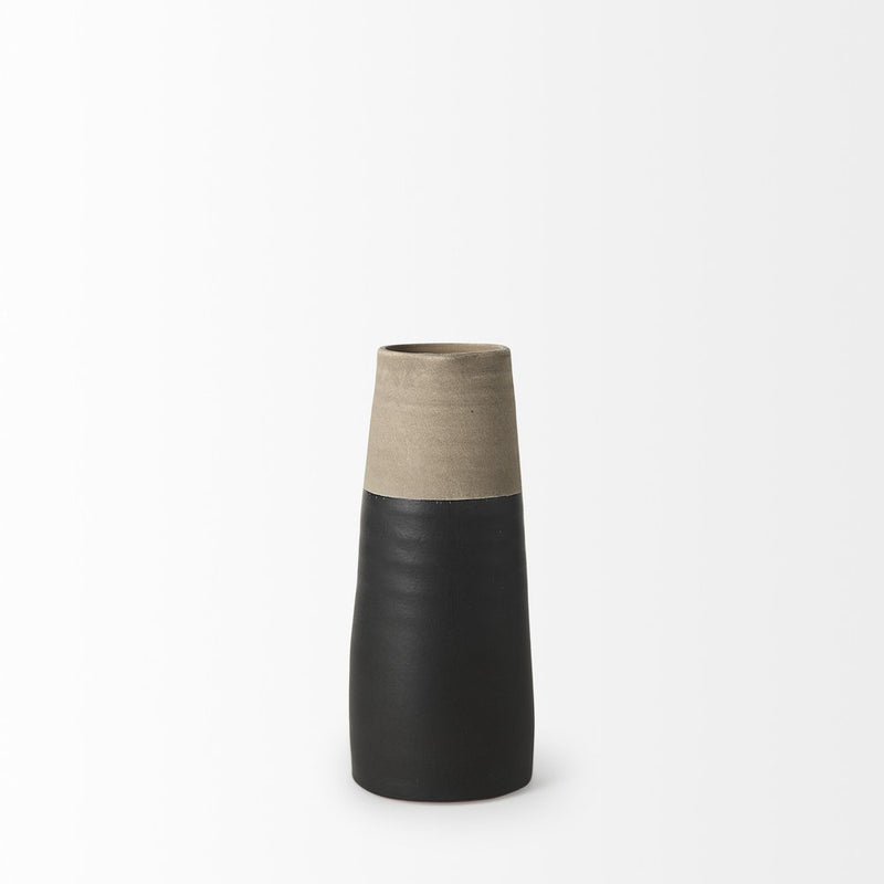 10" Black And Natural Color Block Cylinder Ceramic Jug Vase