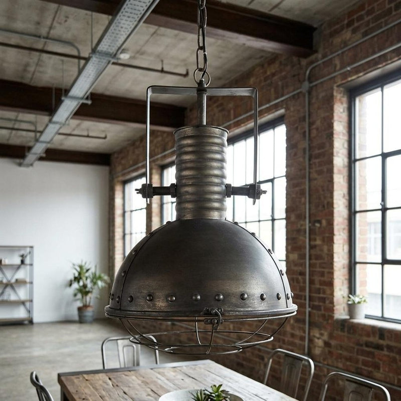 Antiqued Black Metal Hanging Industrial Caged Pendent Light