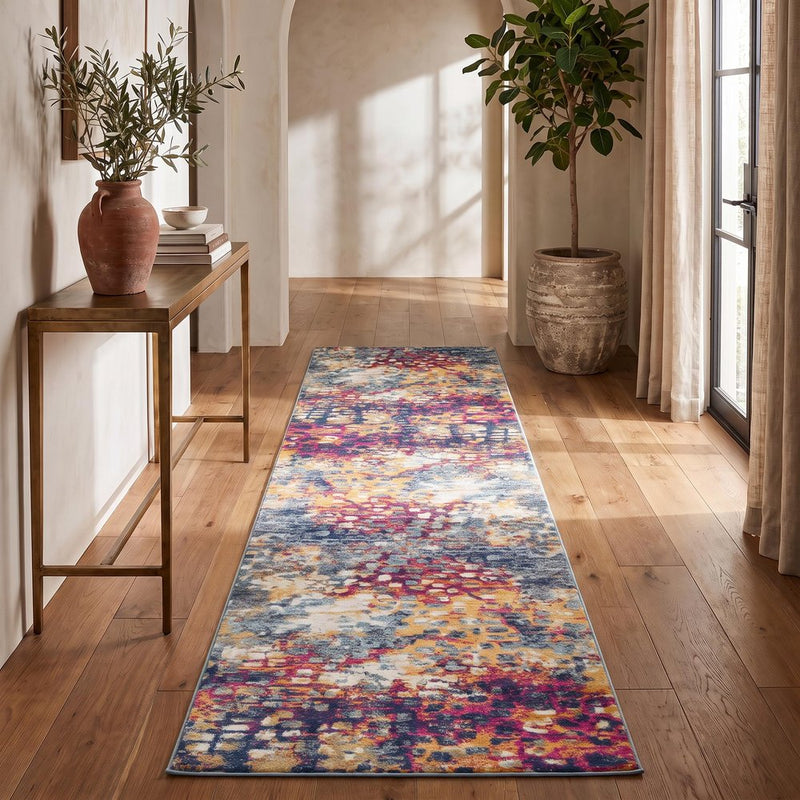 10' Magenta and Gold Abstract Runner Rug