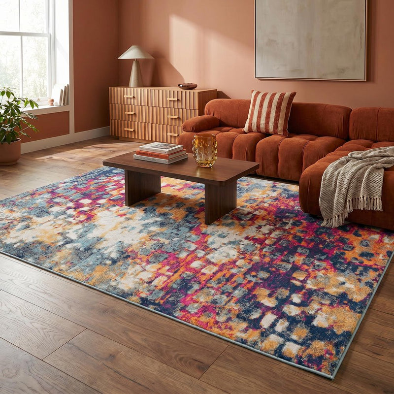 10' Magenta and Gold Abstract Runner Rug