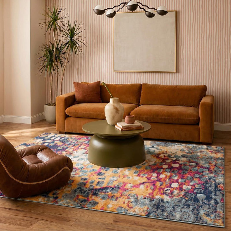 10' Magenta and Gold Abstract Runner Rug