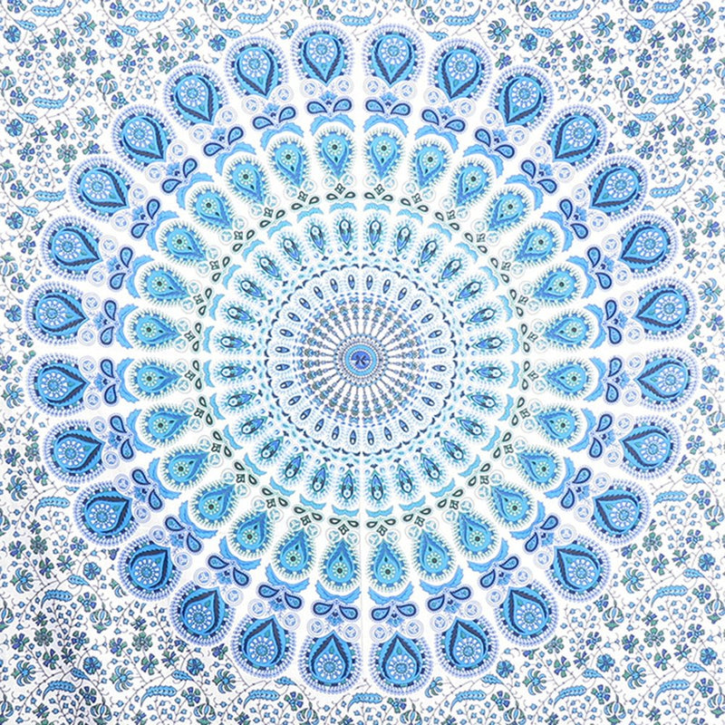 80" X 56" Blue And White Mandala Cotton Hanging Tapestry