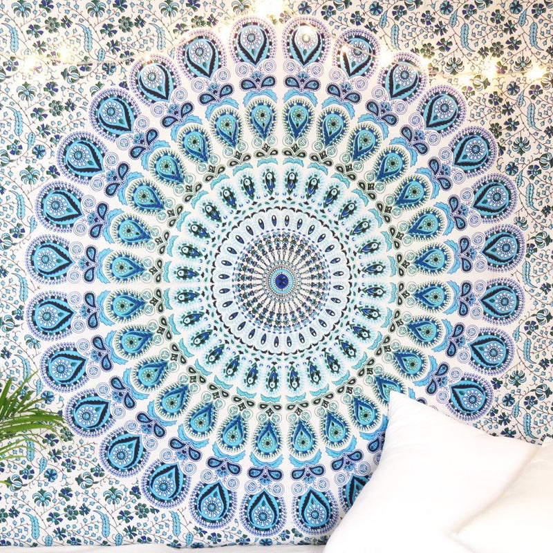 80" X 56" Blue And White Mandala Cotton Hanging Tapestry