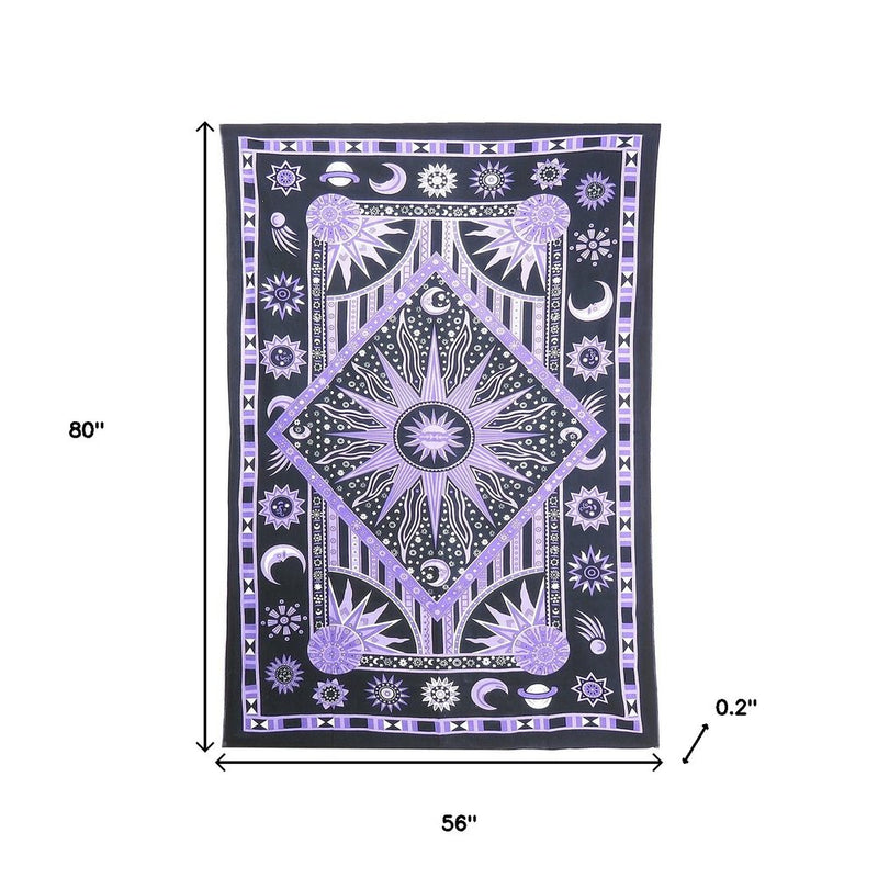 80" X 56" Purple Black And White Mandala Cotton Hanging Tapestry