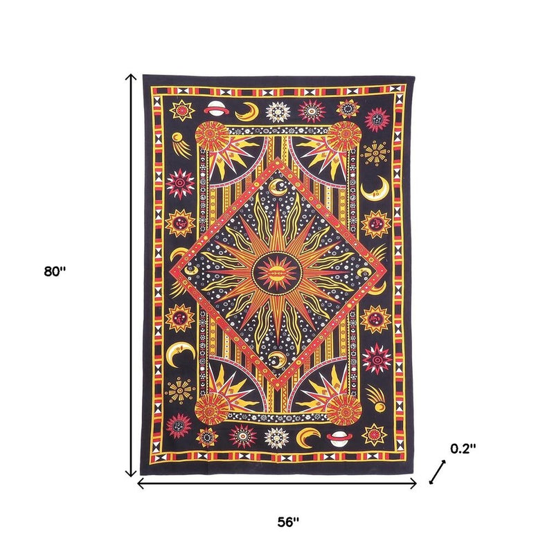 80" X 56" Black Red And Yellow Cotton Star and Sunburst Hanging Tapestry