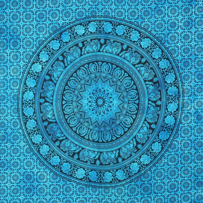 80" X 56" Turquoise And Black Mandala Cotton Hanging Tapestry