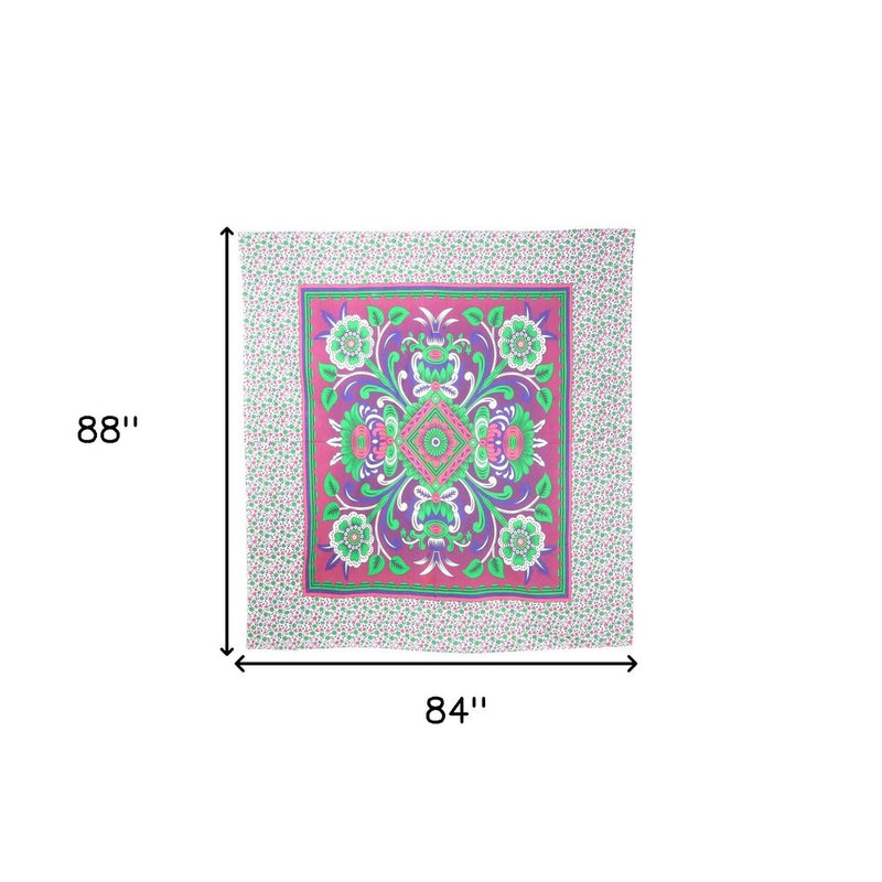 88" X 84" Pink Green And White Floral Cotton Hanging Tapestry