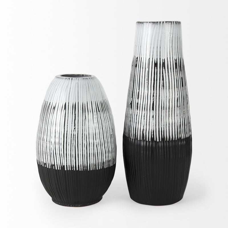 13" Black Gray And White Abstract Cylinder Ceramic Table Vase