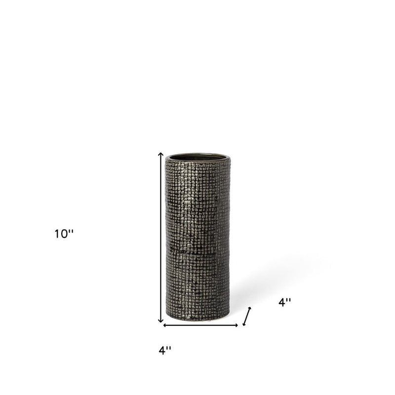 10" Black And Gold Abstract Cylinder Ceramic Table Vase