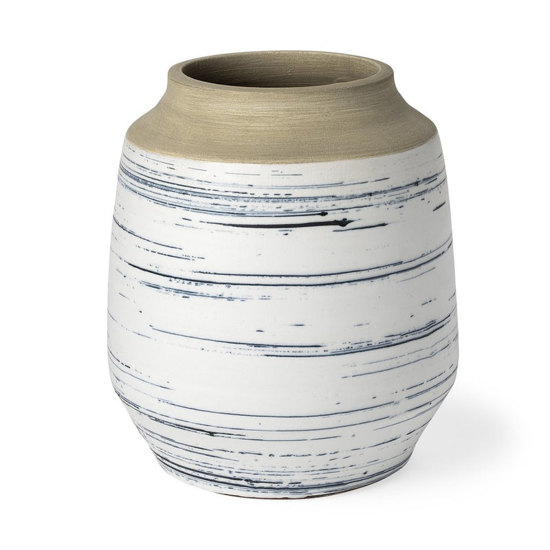 10" Blue Sand And White Abstract Cylinder Ceramic Table Vase