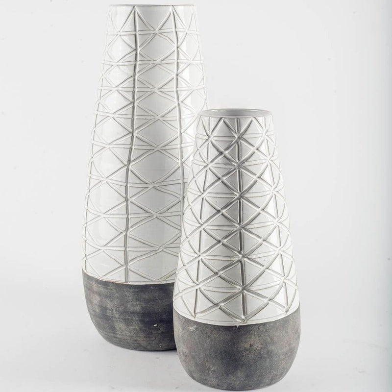 21" Gray And White Abstract Cylinder Ceramic Table Vase