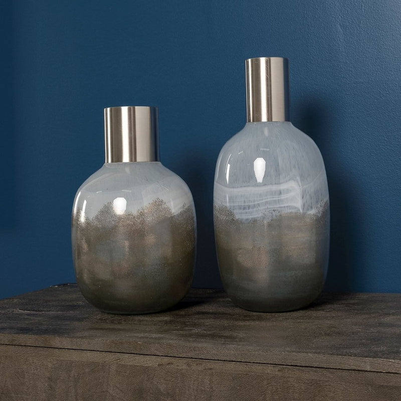 13" Bronze And White Ombre Glass Cylinder Table Vase