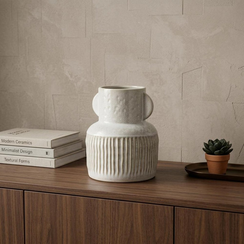 8" Whitewash Handled Textured Ceramic Vase