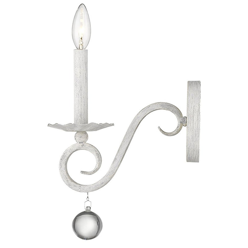 12" Off White Rustic Metal Candle Wall Light With Hanging Crystal