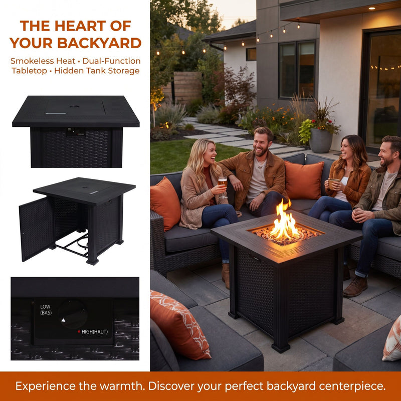 Outdoor Fire Pit Table With Lava Rocks, Propane Fire Pit - Black