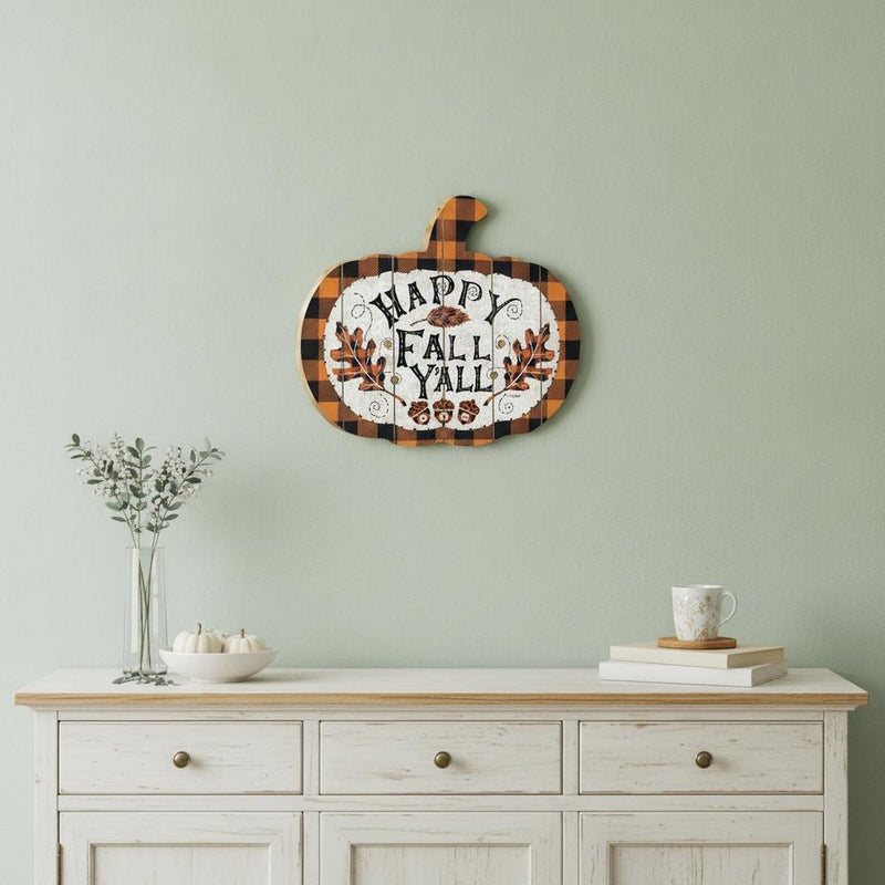 15" X 17" Black And Orange Wood Happy Fall Yall Pumpkin Hanging Dimensional Sculpture