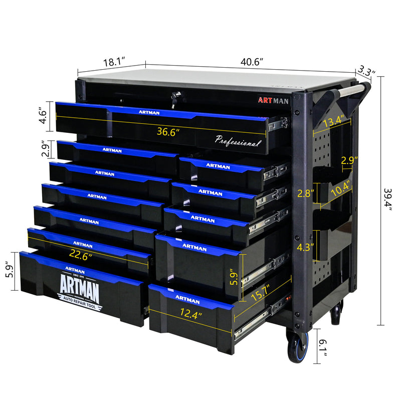 12 Layer Drawer Multi Purpose Tool Cart With Wheels And Iron Top - Black / Blue
