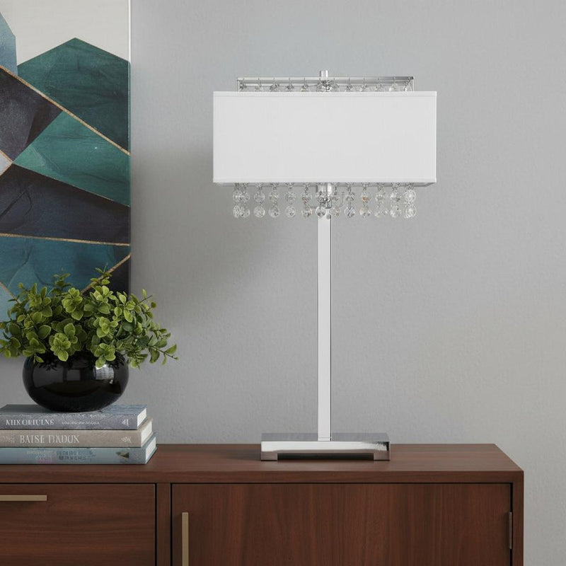28" Silver Table Lamp With Faux Crystals and White Rectangle Shade