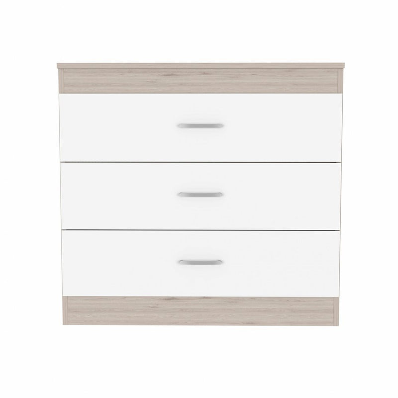 31" Light Gray And White Wood And Metal Three Drawer Dresser