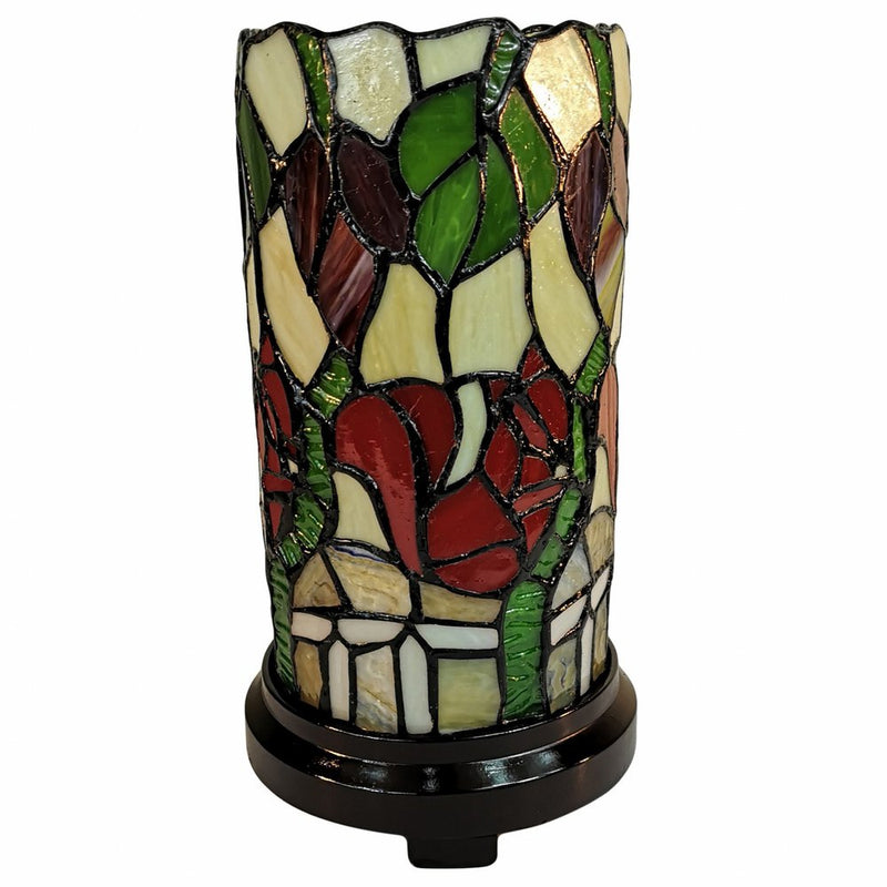 14" Red Green and Black Floral Stained Glass Accent Lamp