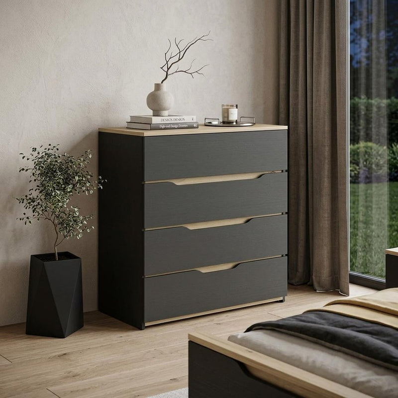31" Black And Oak Wood Four Drawer Dresser
