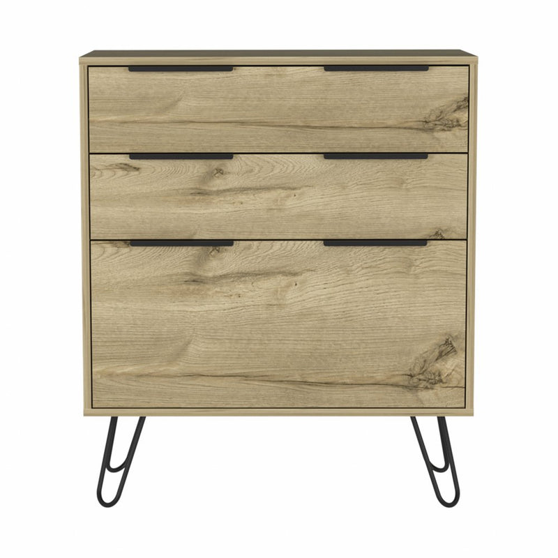 30" Brown And Black Wood And Metal Three Drawer Dresser