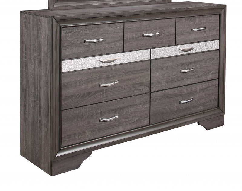 63" Gray Faux Crystal Bling Wood Nine Drawer Double Dresser