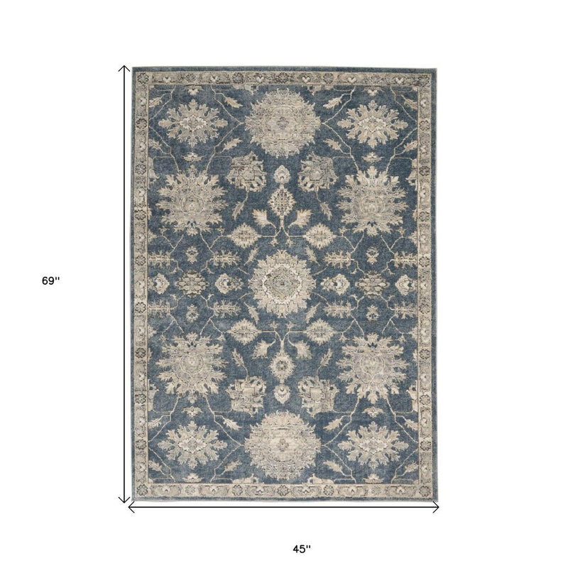 2' X 4' Blue And Beige Oriental Distressed Area Rug