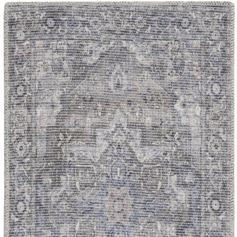 6' Gray And Blue Oriental Distressed Washable Runner Rug