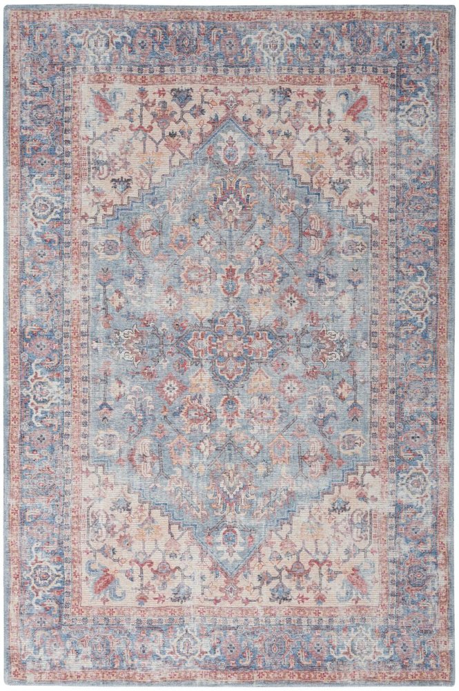 6' X 9' Blue And Orange Medallion Distressed Washable Area Rug