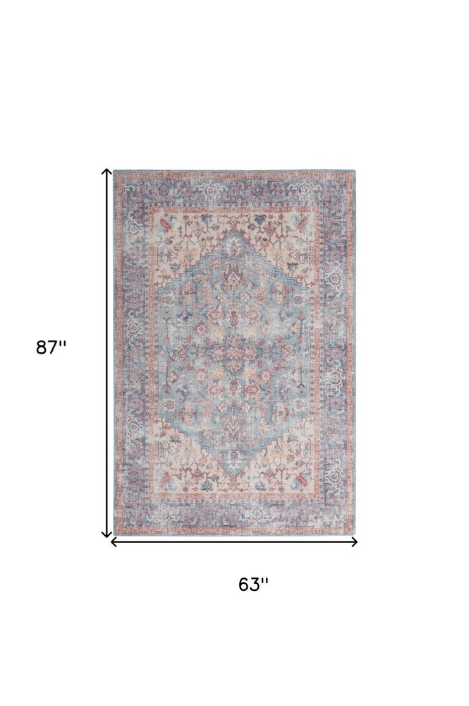 6' X 9' Blue And Orange Medallion Distressed Washable Area Rug