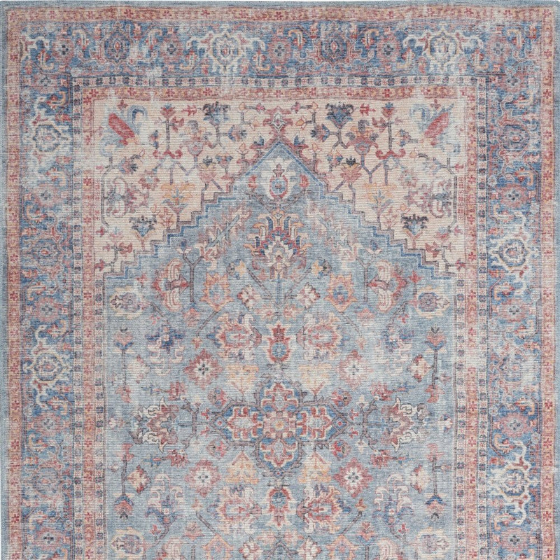 6' X 9' Blue And Orange Medallion Distressed Washable Area Rug