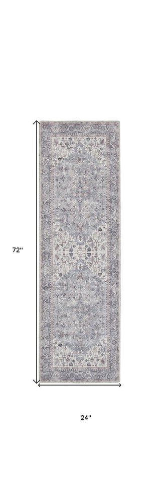 2' X 6' Grey Oriental Power Loom Distressed Washable Runner Rug