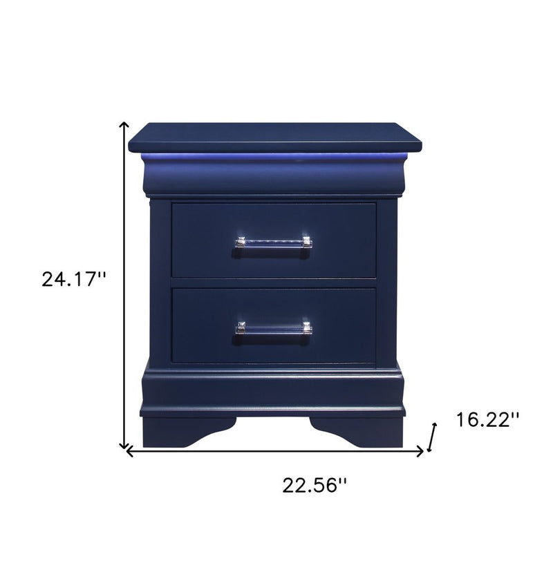 24" Blue Wood Lighted Two Drawer Nightstand