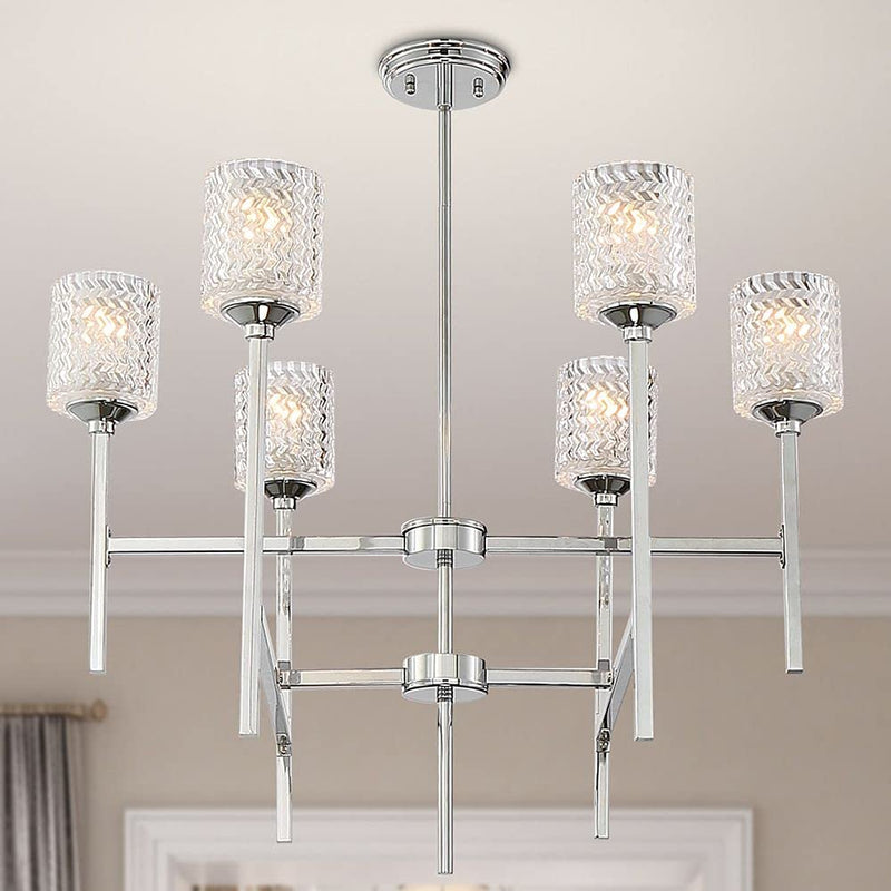 Silver Candle Style Six Light Metal Dimmable Chandelier With Clear Shades