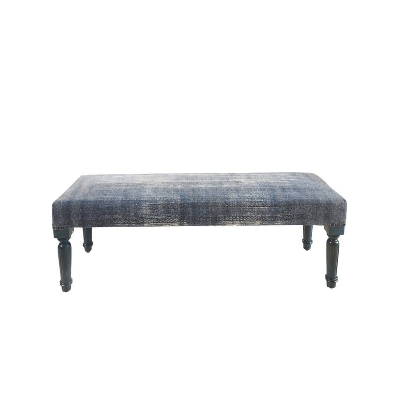 47" Blue And Cream Abstract Design Blue Leg Upholstered Bench