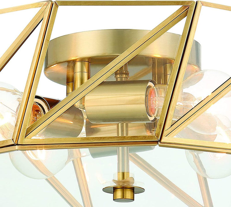 Brass Unique Statement Four Light Metal Dimmable Flush Chandelier With Clear Shades