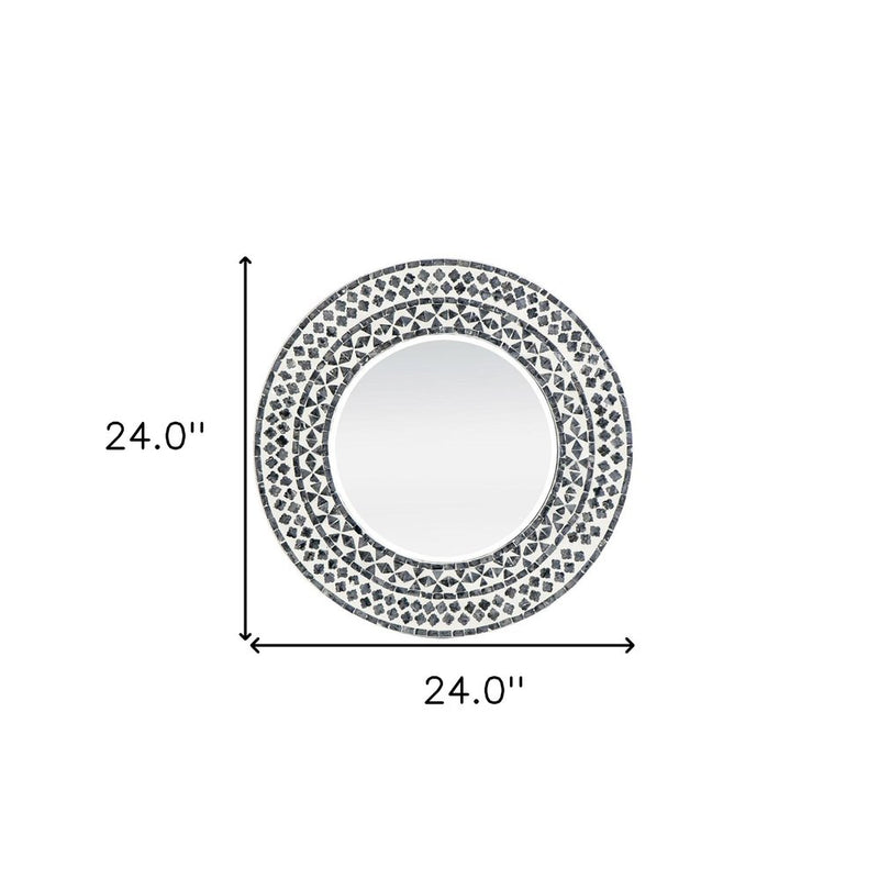 24" Black And White Round Wood And Shell Framed Accent Mirror