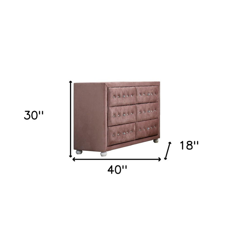 40" Pink Wood Six Drawer Upholstered Double Dresser