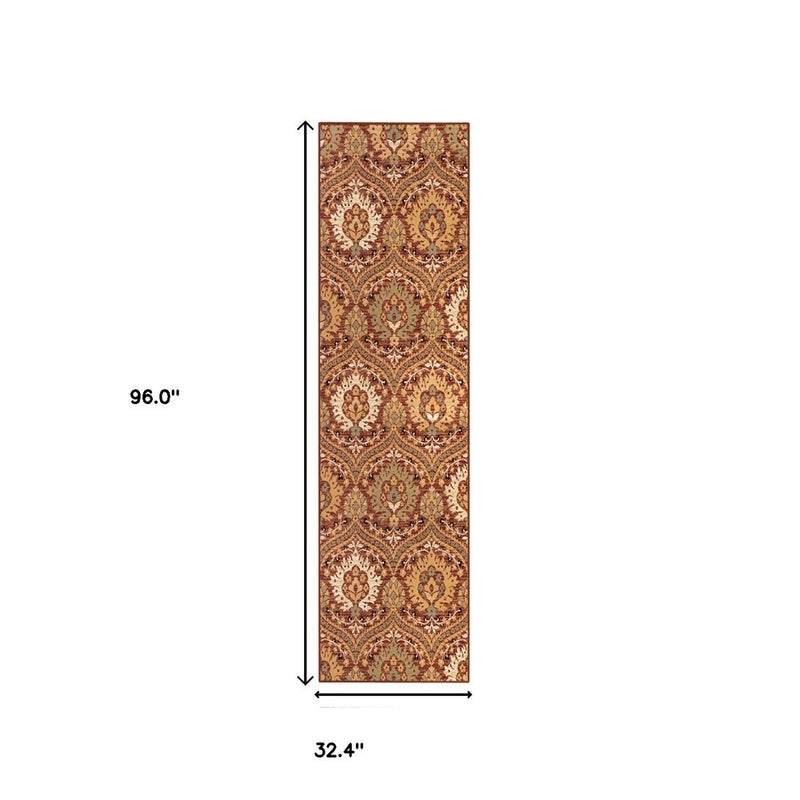 8' Red And Gold Floral Runner Rug