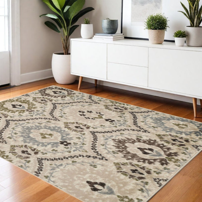 5' Brown Beige And Gray Floral Square Rug