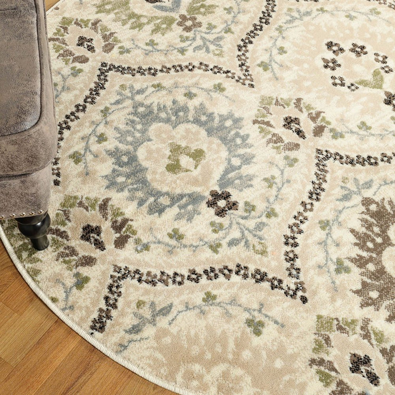 5' Brown Beige And Gray Floral Square Rug