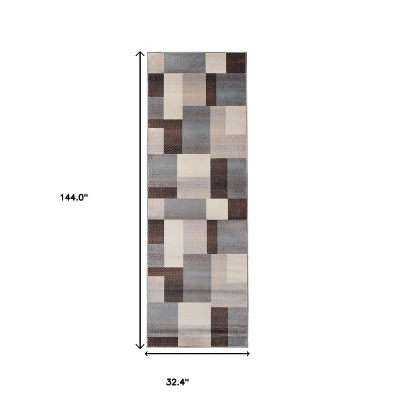 12' Gray Tan And Brown Patchwork Runner Rug