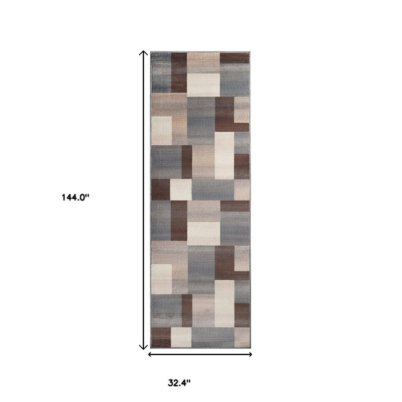 10' Gray Tan And Brown Patchwork Runner Rug