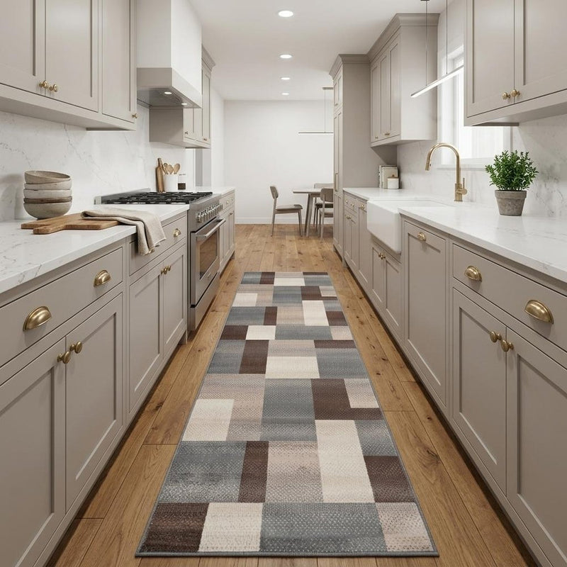 10' Gray Tan And Brown Patchwork Runner Rug