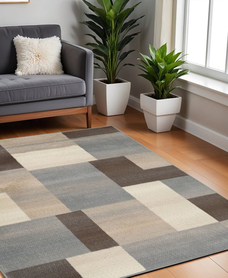 12' Gray Tan And Brown Patchwork Runner Rug