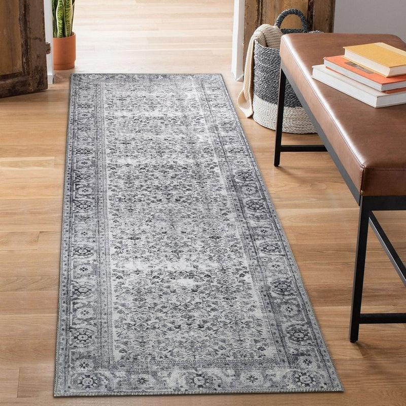 8' Charcoal And Gray Oriental Runner Rug