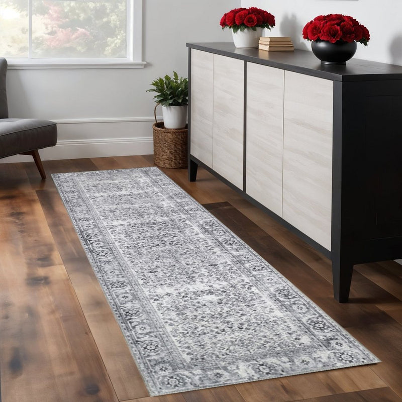 8' Charcoal And Gray Oriental Runner Rug