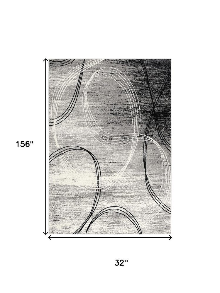 13' Gray And Ivory Abstract Shag Runner Rug